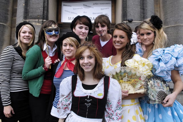 Harrogate Grammar Schoool pupils dressed up and enjoying their European Day of Language in 2009 - Emily Nelson, Emma Dunn, Athina MacPherson, Matthew Kay, Katie Wilson, Sian Lewsley, Naomi Breton, Emma Richards and Kirsty Moat (Faculty Leader)
