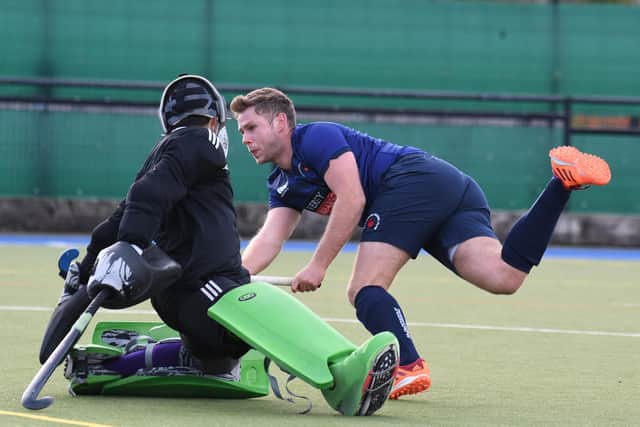 Harrogate Hockey Club Men's 1s forward Charles Edmondson scores his second goal of the game against Durham University 3s. Pictures: Gerard Binks