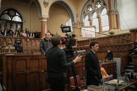 The former magistrates court in Bradford City Hall in Bank of Dave, featuring Rory Kinnear as Dave and Joel Fry as Hugh.  Credit: Netflix / Paul Stephenson.