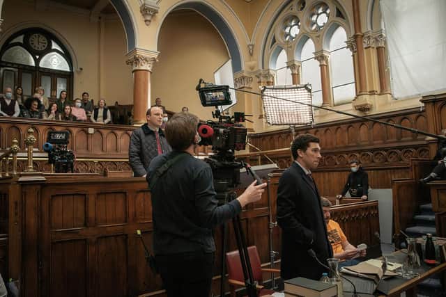 The former magistrates court in Bradford City Hall in Bank of Dave, featuring Rory Kinnear as Dave and Joel Fry as Hugh. Credit: Netflix / Paul Stephenson.