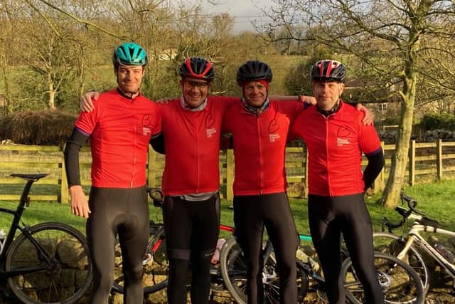 In memory of his late wife Philippa and in aid of charity -  Harrogate man James Badger,, second from left, with his cycling friends, Anthony Fraser, Richard Baldwin and Adam Ellis.