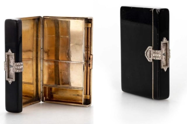 Pictured: An Art Deco gold and black enamel with diamond bezel compact designed in the manner of Cartier. Bidding starts at £2,400.