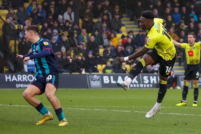 Kazeem Olaigbe lashes home Harrogate Town's second goal against Crewe Alexandra.