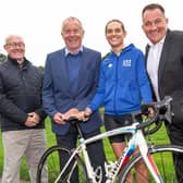 Mike Holt (Nidderdale Plus volunteer), Councillor Derek Bastiman (North Yorkshire Council’s executive member for open to business) , Harrogate-based triathlete Emma Robinson and Matthew Evans (Long Course Weekend founder and chief executive) at the launch of the Long Course Weekend at Nidderdale Showground