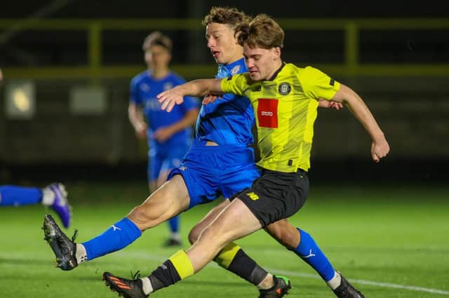 Finn O'Boyle fired Harrogate Town U18s into an early lead in their FA Youth Cup clash with Stockport County at the EnviroVent Stadium. Pictures: Matt Kirkham