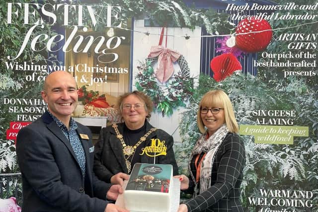 Harrogate Christmas Fair event's 10th anniversary - Country Living Fair Event Director Dan Sewell,  Harrogate Mayor Coun Victoria Oldham and Katherine Mansfield.