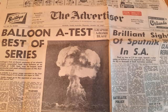 The front page of an Australian newspaper dated October 10, 1957 with headlines about the British atom bomb test in the desert at Maralinga which Harrogate RAF veteran John Walden took part in. (Picture contributed)