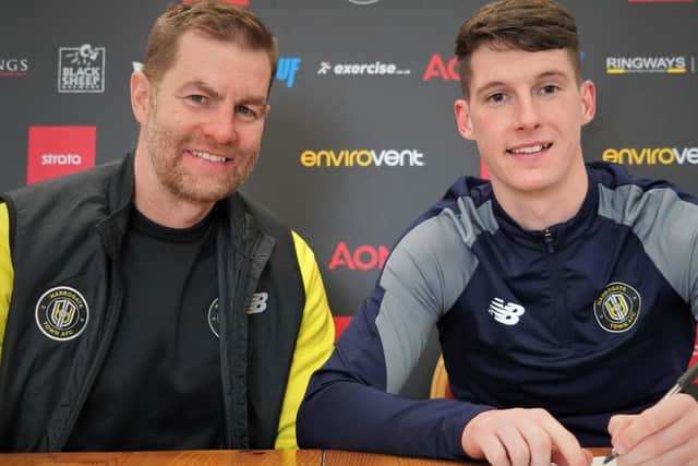 Harrogate Town manager Simon Weaver, left, with new signing Matty Foulds. Picture: Harrogate Town AFC