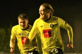 Luke Armstrong, right, celebrates after netting Harrogate Town's 50th-minute equaliser against Northampton Town. Picture: Harrogate Town AFC