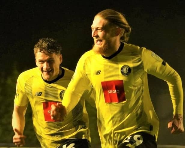 Luke Armstrong, right, celebrates after netting Harrogate Town's 50th-minute equaliser against Northampton Town. Picture: Harrogate Town AFC