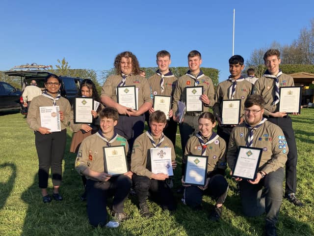 Winning Yorkshire Scouts, including two students from Harrogate. Back row, from left: Shriyaa Papanna, Anika Mohandas, William Rushton, Benjamin Pettifor, Rory Cobb, Ashaz Hossain-Ibrahim and Matthew White Front row from left: Oliver Smith, Oliver Harper, Amelie McDermott-Boulton, Adam Turner.
