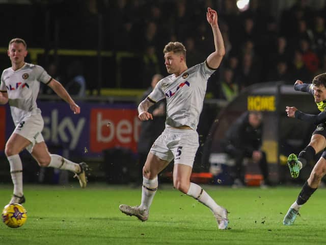 Josh March takes aim at goal during Harrogate Town's 4-1 home defeat to Newport County. Picture: Matt Kirkham