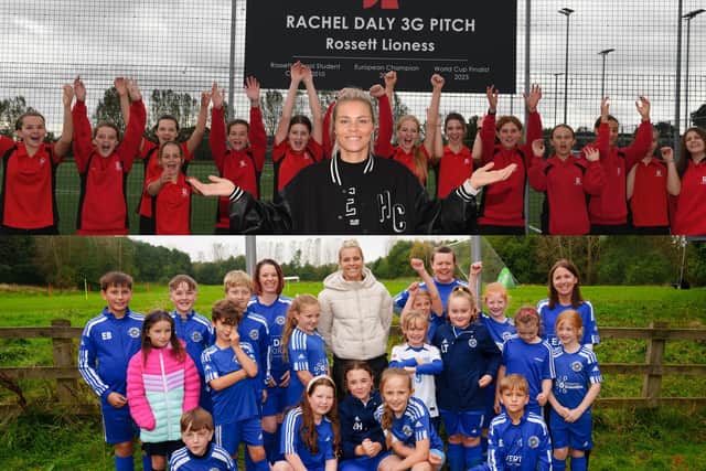 Rachel Daly has visited Killinghall Nomads and Rossett School to unveil two new football pitches named in her honour