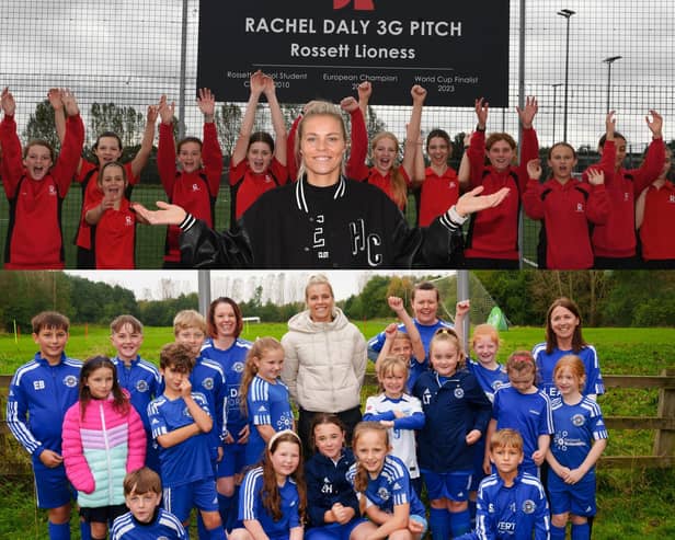 Rachel Daly has visited Killinghall Nomads and Rossett School to unveil two new football pitches named in her honour