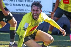 Levi Sutton celebrates after netting Harrogate Town's stoppage-time equaliser against AFC Wimbledon. Picture: Matt Kirkham