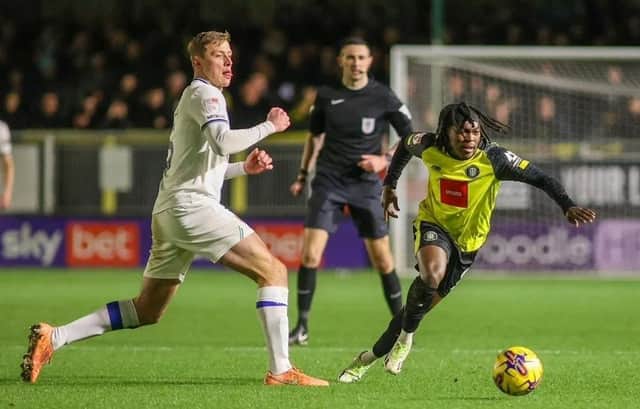 Abraham Odoh on the attack during Harrogate Town's 2-0 home defeat to Tranmere Rovers. Picture: Matt Kirkham