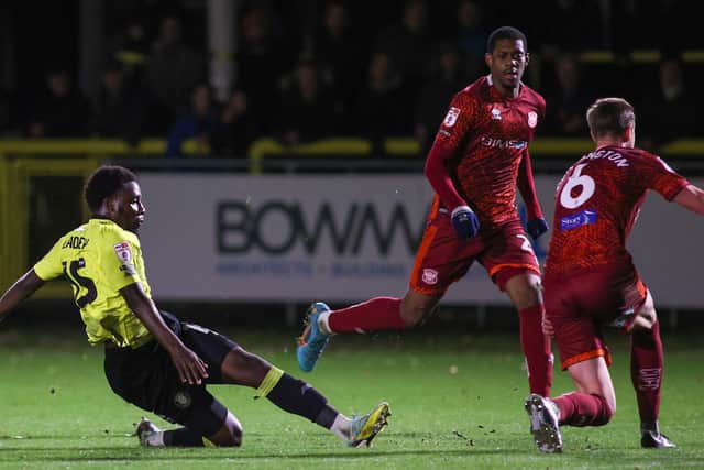 Jaheim Headley's 75th-minute strike saw Harrogate Town take a 3-2 lead against Carlisle United after goals from Luke Armstrong and Warren Burrell had twice brought them level.
