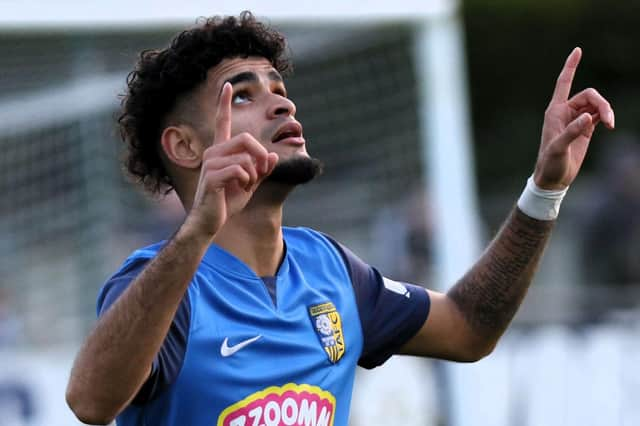 Junayd Cassius-Gill celebrates after firing Tadcaster Albion into a 10th-minute lead against Knaresborough Town. Pictures: Craig Dinsdale