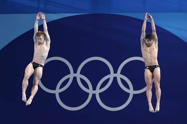 Anthony Harding and Jack Laugher of Team Great Britain compete in the men's synchronised 3m springboard final on day seven of the Olympic Games Paris 2024 at the Aquatics Centre. Photo by Quinn Rooney/Getty Images