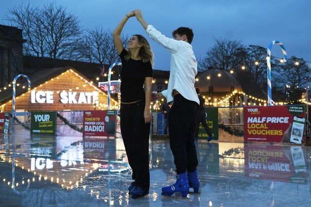 Victoria Almhagen and Max George showing off their skills on the outdoor ice rink which can be found in the Crescent Gardens