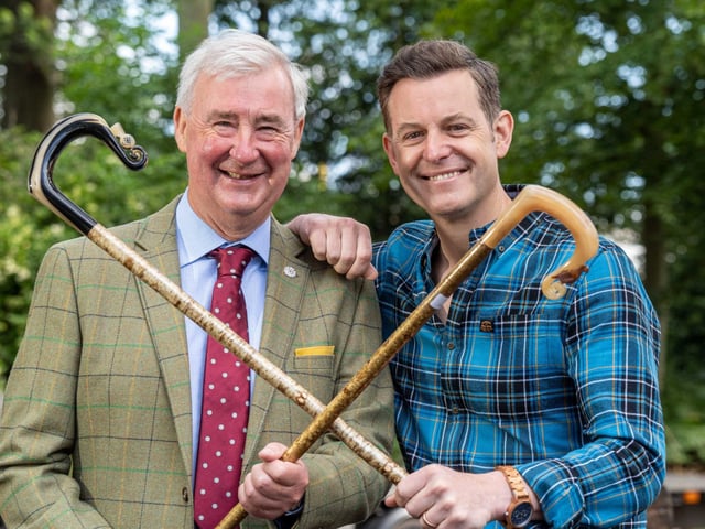 Peter Wright from Channel 5's The Yorkshire Vet with TV presenter Matt Baker visiting the Forestry Area at the show