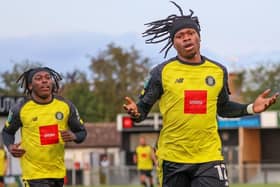 Sam Folarin, right, celebrates after firing Harrogate Town into a 23rd-minute lead against Carlisle United at Wetherby Road. Picture: Matt Kirkham