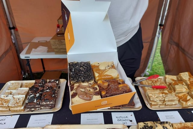 Close up of Oreo Cookie, Golden Caramel Blondie, Twix Blondie and Crunchie Brownie at The Savvy Baker stall.