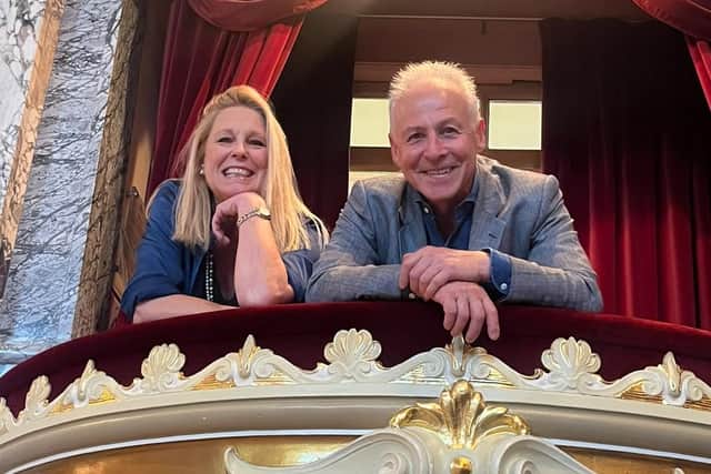 Lucy Fox and Russell Davidson, Chair of the Royal Hall Restoration Trust, Russell Davidson, pictured in the Royal Hall box in Harrogate dedicated to Samson Fox. (Picture contributed)