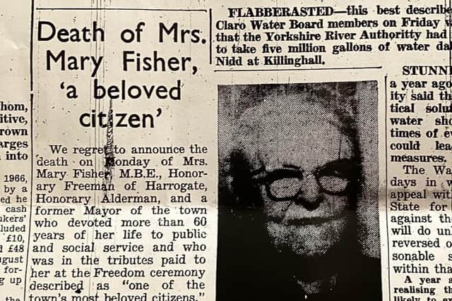 When Mary Fisher MBE died in 1972, she made front page news in The Harrogate Herald - the Wednesday 1st March 1972 edition.