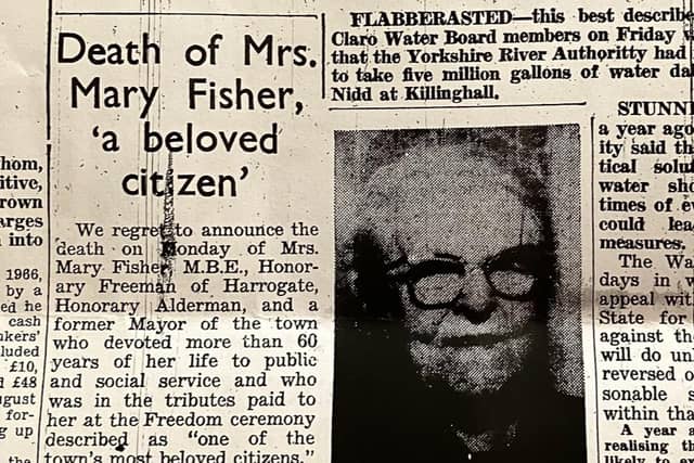 When Mary Fisher MBE died in 1972, she made front page news in The Harrogate Herald - the Wednesday 1st March 1972 edition.