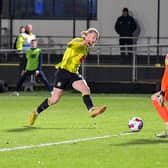 Luke Armstrong slots home his second goal of the game during Harrogate Town's 3-2 League Two success over Grimsby Town. Picture: Ben Roberts/ProSportsImages