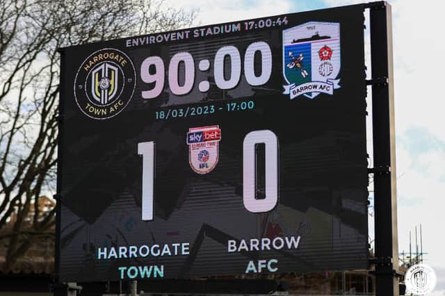 Harrogate Town won for the first time in eight home outings when they beat Barrow 1-0 on Saturday afternoon. Pictures: Matt Kirkham