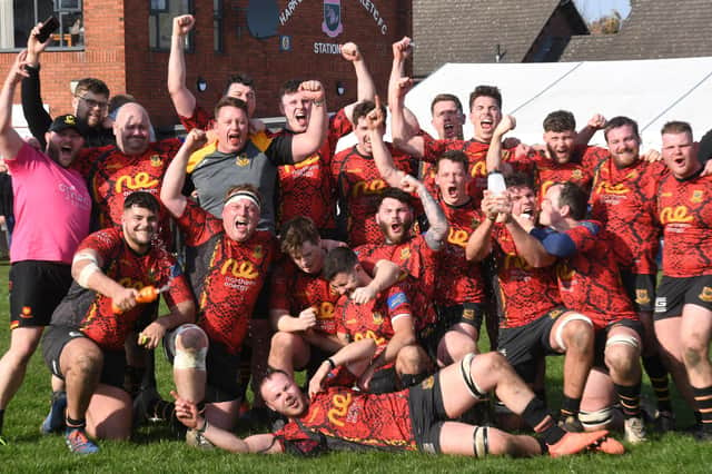 Harrogate Pythons RUFC celebrate after they beat Wensleydale to seal promotion to Yorkshire One. Pictures: Gerard Binks