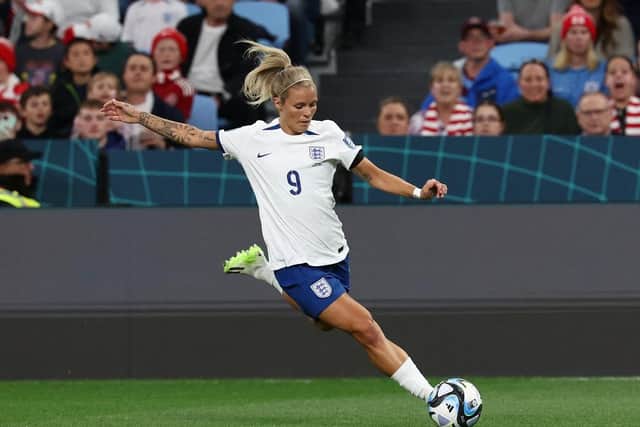 Rachel Daly crosses the ball during the Australia and New Zealand 2023 Women's World Cup Group D football match between England and Denmark. (Pic credit: David Gray / AFP via Getty Images)