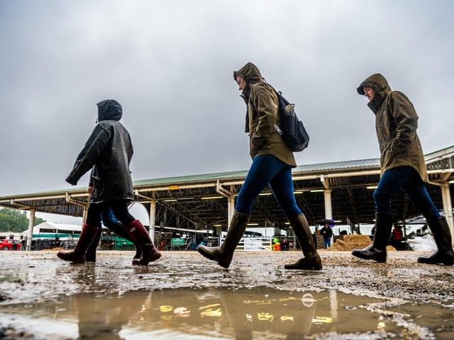 Visitors to the show try to avoid the puddles while walking around the showground