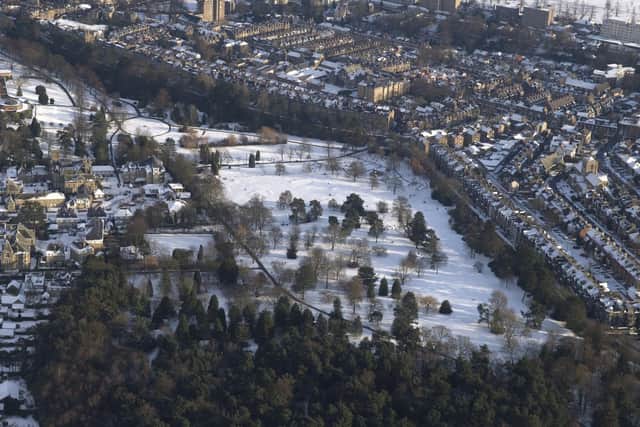 An unusual aerial picture of the Valley Gardens in Harrogate in the snow. (Picture Marcus Corazzi)