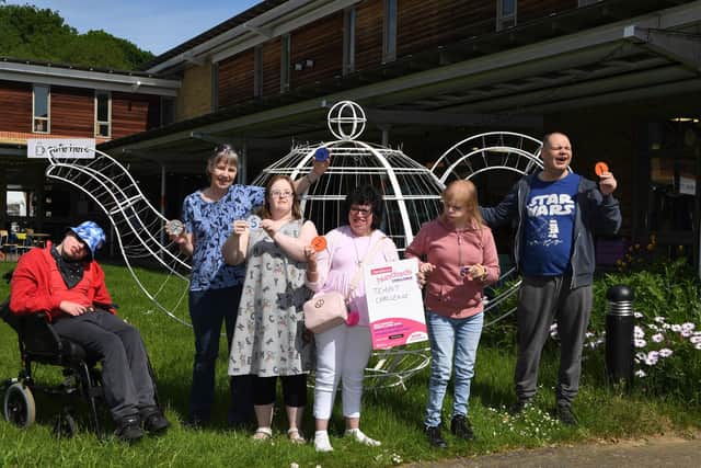 The Teapot Challenge team taking part in the Henshaws Hundreds Fundraising challenge at Henshaw's Arts and Crafts Centre, Knaresborough.(Picture Gerard Binks)
