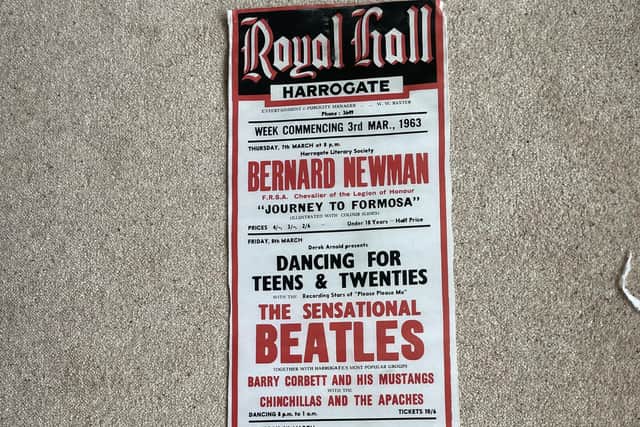 A vintage poster of The Beatles visit to the Royal Hall in Harrogate in March 1963 with Barry Corbett and the Mustangs on the bill.
