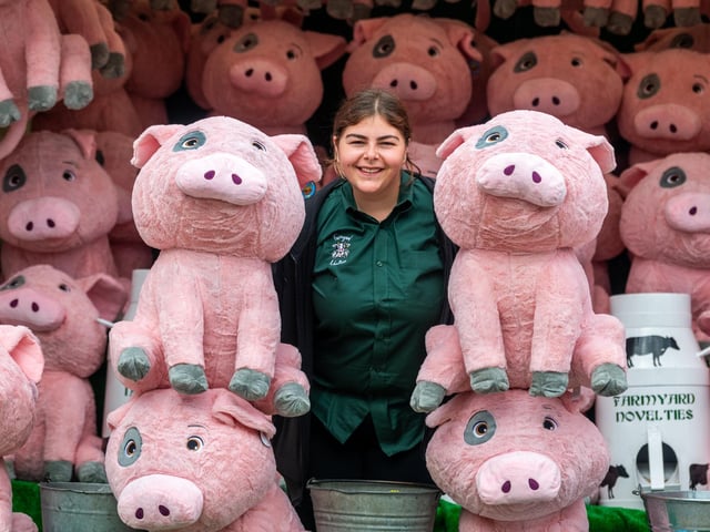 Tilly Lane from Farmyard Novelties with her popular pig toys that can be won on her stall at the show