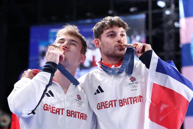 Jack Laugher and Anthony Harding of Team Great Britain pose with their bronze medals. Picture: Quinn Rooney/Getty Images