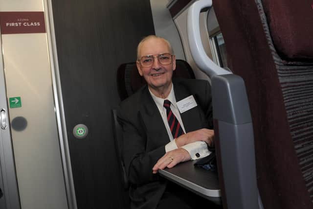 Brian Dunsby OBE of Harrogate Line Supporters Group on board a new LNER Azuma train which he helped secure for Harrogate in 2019. (Picture Gerard Binks)