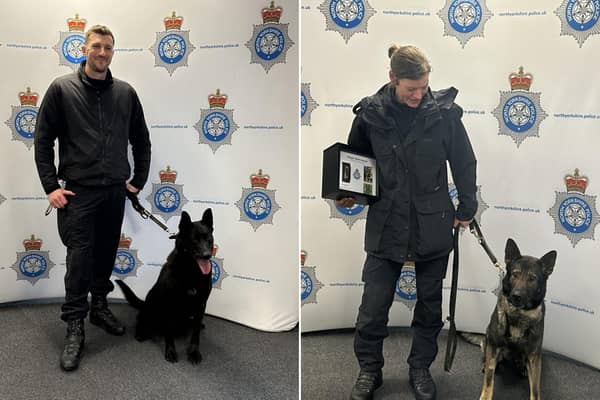 Two North Yorkshire Police dogs – PD Bobby (left) and PD Lynne (right) – have retired from their teams after six years service.