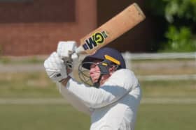 Harry Allinson hits out on his way to a fine century during Harrogate CC's home defeat to Castleford. Pictures: Richard Bown