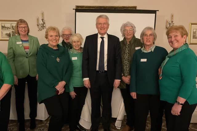 Harrogate and Knaresborough MP Andrew Jones visit a meeting of Soroptimist International with Val Hills, President of Soroptimist International of Harrogate, pictured second from left.