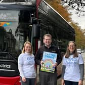 Harrogate Bus Company  is offering a two-for-one deal on its Harrogate 1 day ticket on Fridays. Pictured from left are Jessica Eaton and Jemima Parker from Zero Carbon Harrogate with the bus firm’s Commercial Manager Matt Burley. (Picture contributed)