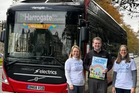 Harrogate Bus Company  is offering a two-for-one deal on its Harrogate 1 day ticket on Fridays. Pictured from left are Jessica Eaton and Jemima Parker from Zero Carbon Harrogate with the bus firm’s Commercial Manager Matt Burley. (Picture contributed)