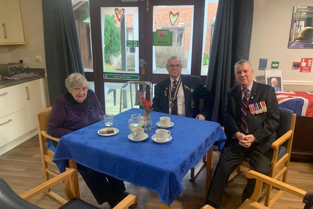 At the Sycamore Hall Care Home VFF celebration are (from left) Nan Chapman, 84, a resident and daughter of a Second World War Veteran, with Ian Smith, chair of the Royal British Legion Ripon branch and member of the Royal Engineers Association and Royal Airforce Association, and Mike Chambers MBE, president of the Royal Air Force Association Ripon branch.