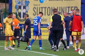 Youngster George Horbury is sent off after only 14 minutes after he came on as a substitute for Harrogate Town at Sutton on Saturday.