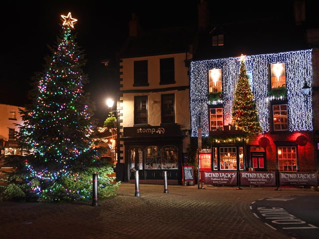 Christmas lights near Blind Jack's pub on the market square in Knaresborough