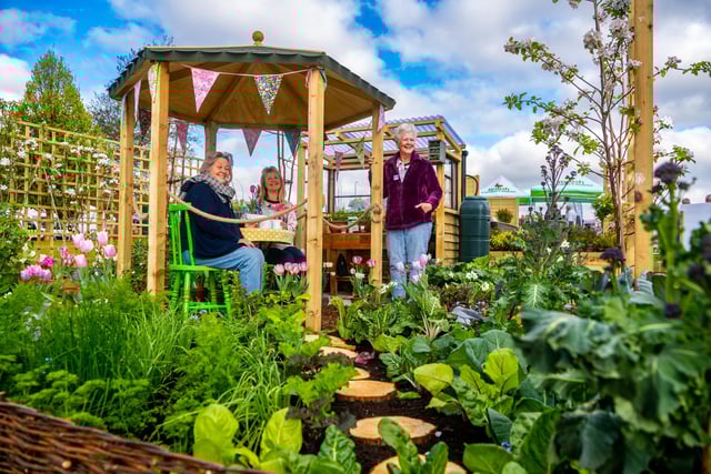 Judy Nutland, Janice Bairstow and Jane Garrud enjoying the Leeds Allotments Federations garden in the sunshine that was awarded Silver at the show